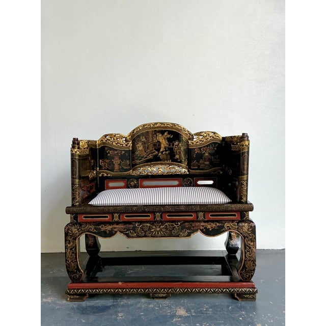 This exquisite vintage Chinese lacquered throne chair is a masterpiece of Chinoiserie design, blending imperial grandeur...