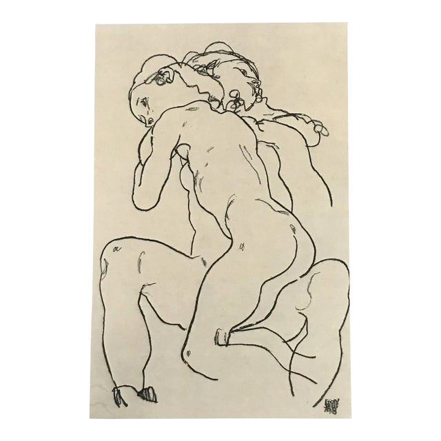 1981 Egon Schiele 40 Erotic Drawing Two Girls Embracing For Sale