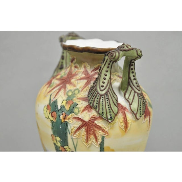 Antique Nippon Hand Painted Porcelain Moriage Twin Handle Countryside Scene Vase For Sale - Image 10 of 18