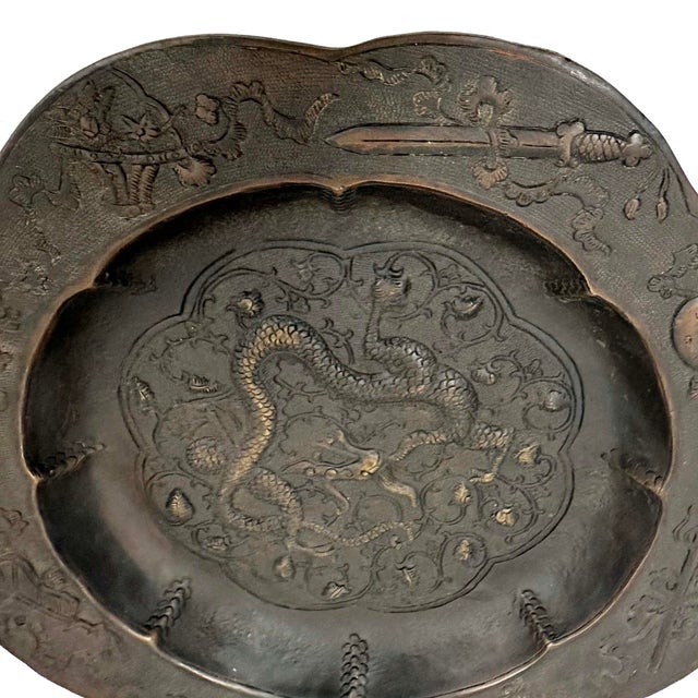 1930s Antique Chinese Bronze Octagonal Dragon and Phoenix Plates For Sale - Image 5 of 15