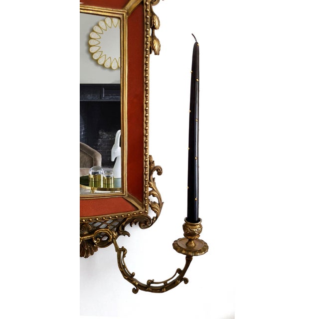 Metal Beveled Wall Mirror With Candle Holders Faux Shagreen Red Porcelain & Brass Ormolu For Sale - Image 7 of 12