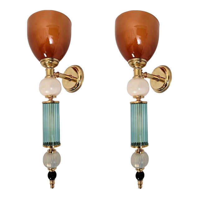 1990s Pair of Blue and Terracotta Murano Glass Sconces For Sale
