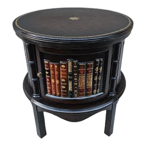 Late 20th Century Vintage Round Leather Clad Faux Book Motif Side Table by Lineage Home Furnishings