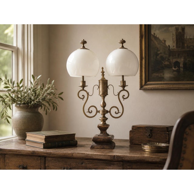 1950s Italian Brass & Wood Double Arm Student Lamp With Milk Glass Shades For Sale - Image 11 of 11
