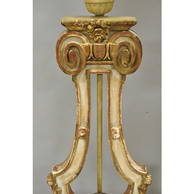 Italian Neoclassical Cream & Gold Gilt Carved Wood Harp Column Table Lamp - Pair For Sale - Image 12 of 14