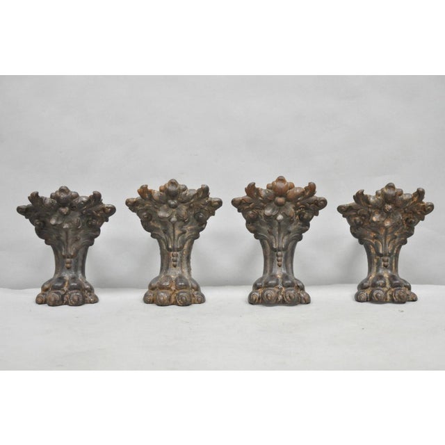 Gray Victorian Style Cast Iron Bathtub Lion Claw Foot Paw Feet Floral Design 4 Pc Set For Sale - Image 8 of 15