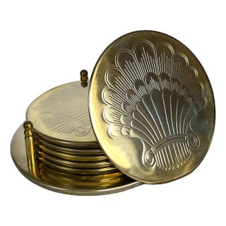 Vintage Brass Coaster Set With Shell Motif – Set of 6 For Sale