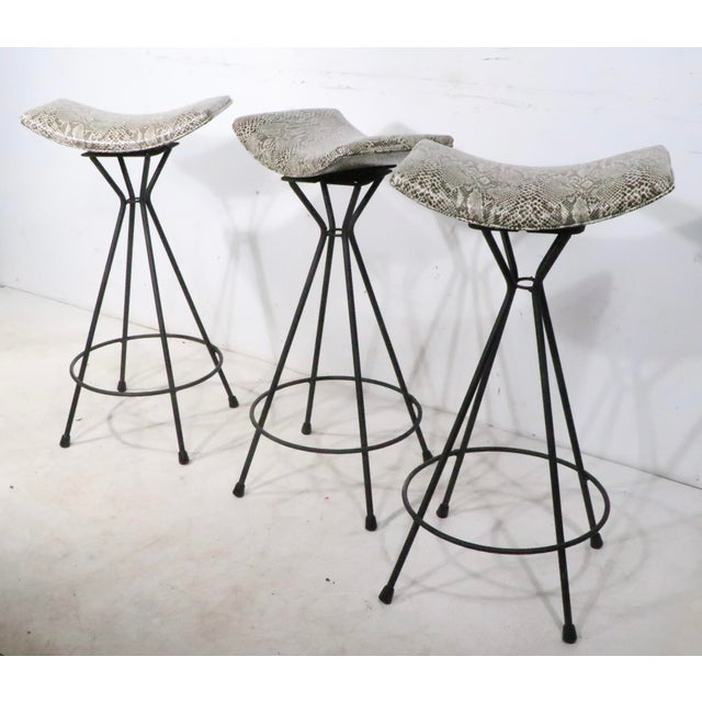 Set of Three Mid 20th Century Swivel Bar Stools in New Faux Python Vinyl Upholstery For Sale - Image 14 of 18