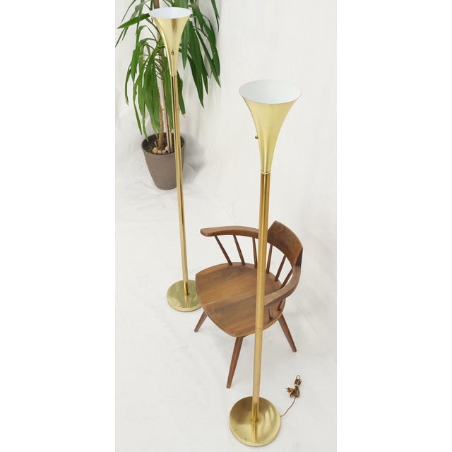 Pair of Mid Century Modern brass trumpet shape floor lamps Torcheres.