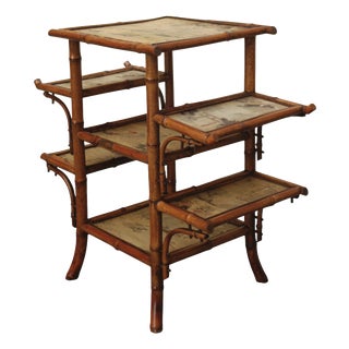Bamboo Etagere with Silk Shelves Painted with Asian Motifs attributed to Alfred Perret and Ernest Vibert, France, 1900s For Sale