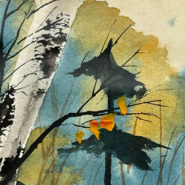 1970s Minnesota Artist Vi Olson Original Birch Tree Watercolor Landscape For Sale - Image 4 of 10