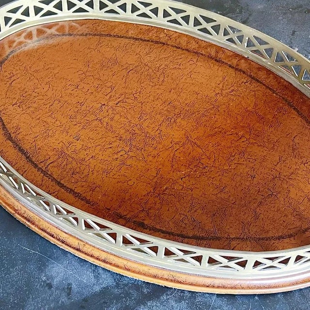 Traditional Mid-Century Oval Serving Tray With Embossed Leather and Brass Handle in Georgian Style For Sale - Image 3 of 9