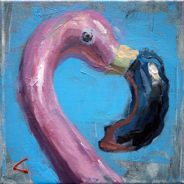 Inflatable Flamingo I by Andreas Claussen | Oil on canvas Pink flamingo with black accent. For Sale