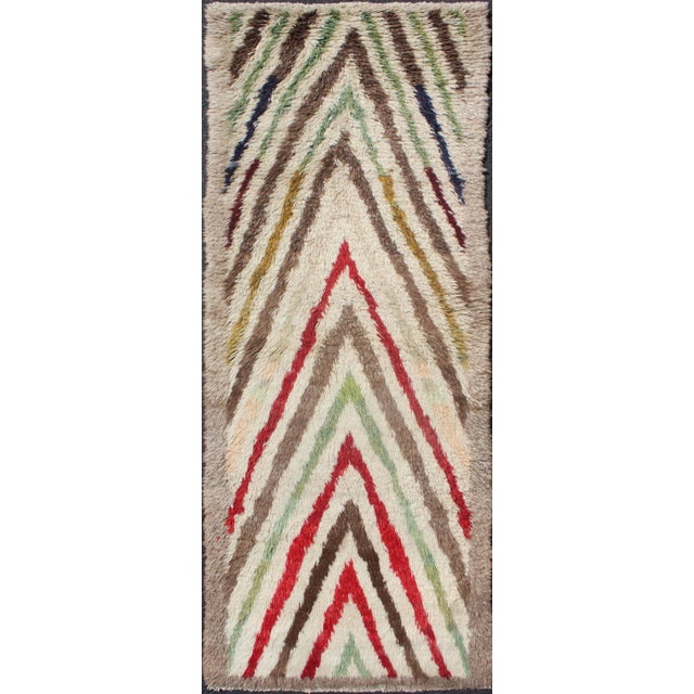 Mid 20th Century Vintage Turkish Tulu Runner With Tribal Design in Cream, Green, Red and Brown For Sale - Image 13 of 13
