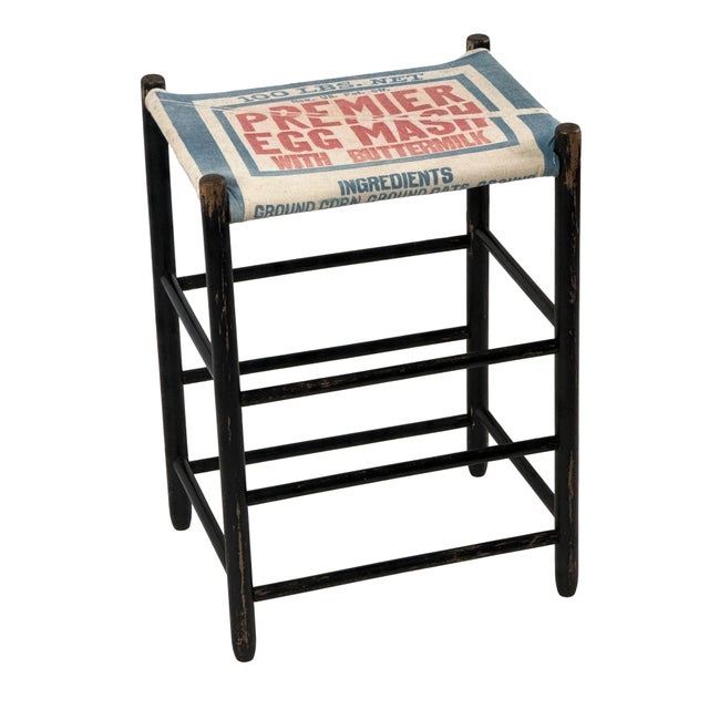 Farmhouse Vintage 1940s Primitive Wooden Stool W/ Black Painted Frame & Premier Egg Mash Feed Sack Seat - 25.5" Tall For Sale - Image 3 of 17