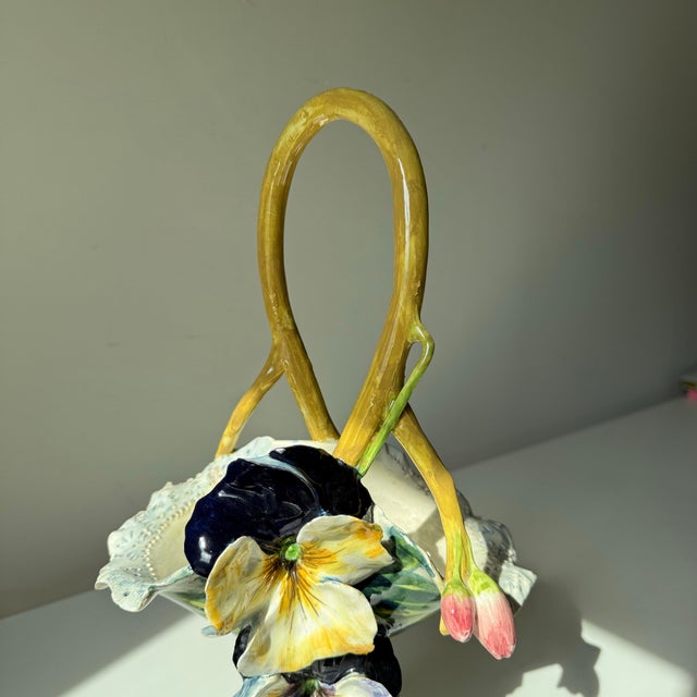 Violet Mid 20th Century Italian Majolica Hand Painted Floral and Tulip Basket Vase For Sale - Image 8 of 12