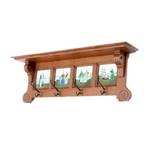 Art Nouveau Belgian Oak Wall Coat Rack with Tiles, 1900s