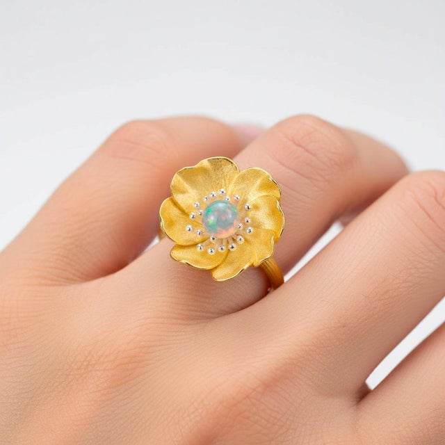 Gold Peony Flower Ring With Opal, Size 8 For Sale - Image 8 of 9