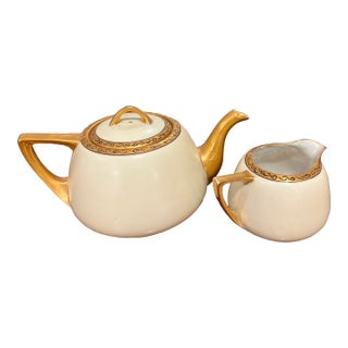 Antique Art Deco Porcelain Teapot & Creamer Set | Heavy Gold Gilt | Mother of Pearl Interior For Sale