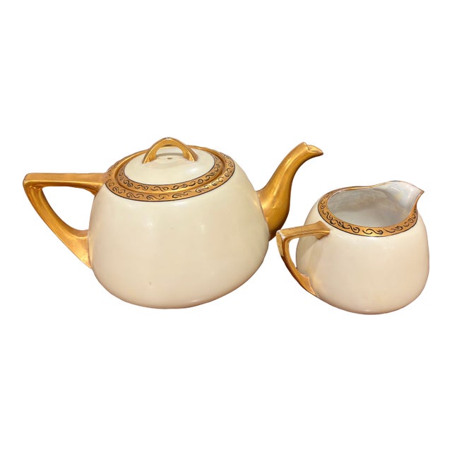 Antique Art Deco Porcelain Teapot & Creamer Set | Heavy Gold Gilt | Mother of Pearl Interior For Sale