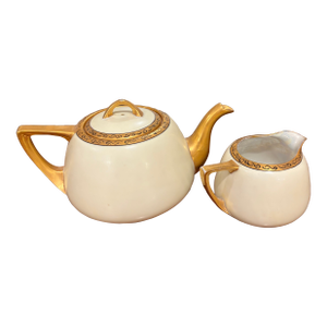 Antique Art Deco Porcelain Teapot & Creamer Set | Heavy Gold Gilt | Mother of Pearl Interior