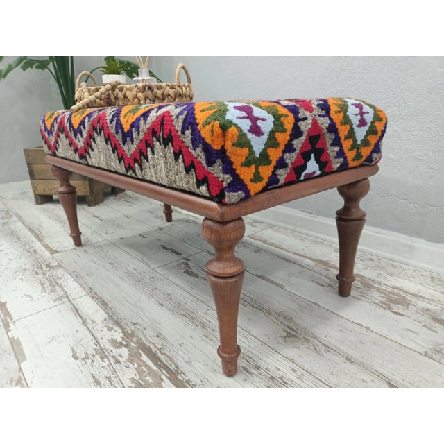 Greige Handmade Kilim Rug Upholstered Piano Bench For Sale - Image 8 of 10