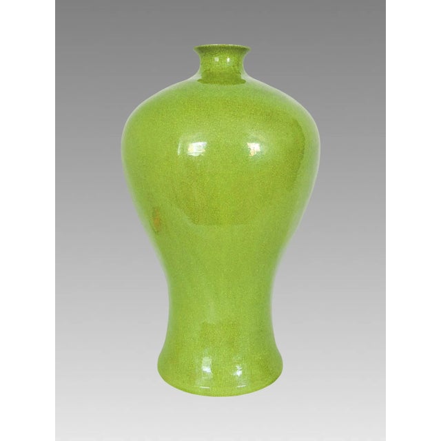 Large Early Mid Century Apple Green 'Meiping' Monochrome Chinese Vase & Carved Wood Stand For Sale - Image 4 of 12