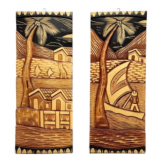 Mid-Century Hand Carved Wooden Relief Polynesian Tiki Wall Art Panels For Sale