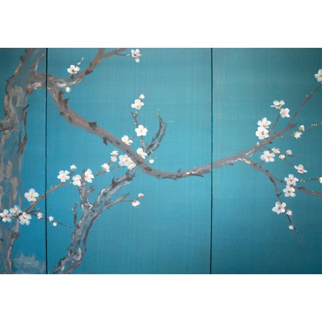 C. 1970s Japanese Style Silk Screen "Blossoming Cherry Tree" For Sale - Image 10 of 18