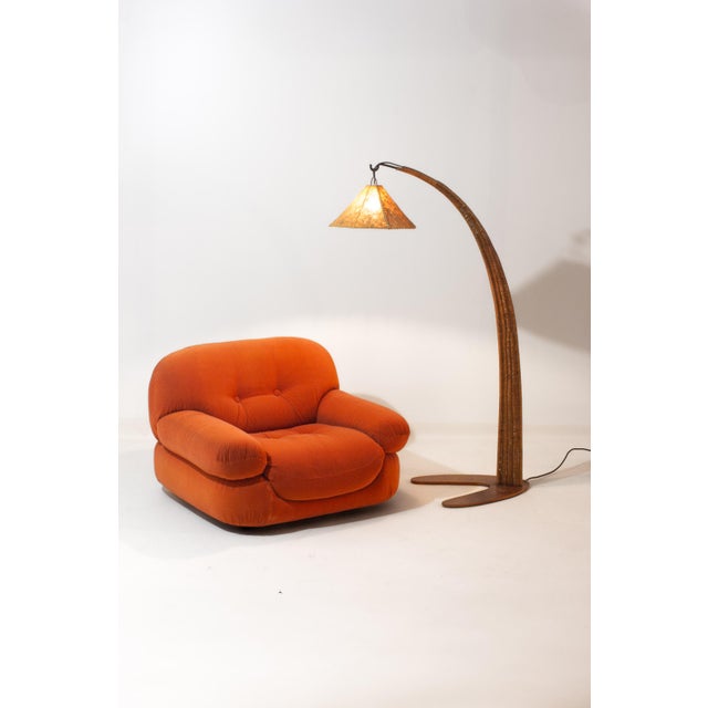 Rustic Italian Wood Arc Floor Lamp with Rattan Shade, 1970s For Sale - Image 3 of 18