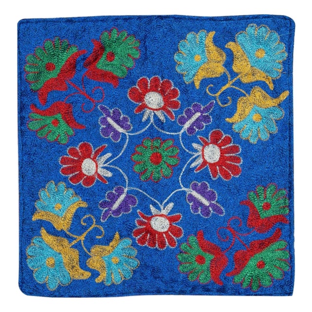 16"x16" Silk Embroidery Cushion Cover. Blue Pillowcase. Needlework Lace Pillow For Sale