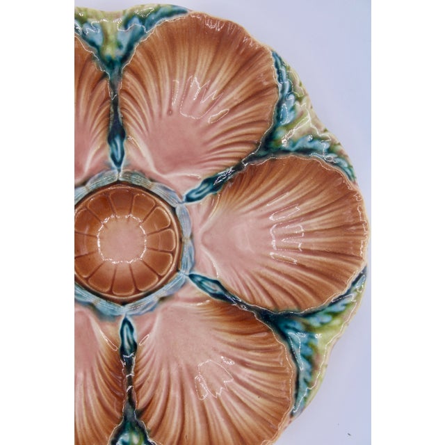 Peach 1940s French Art Deco Blue Green and Peach Ceramic Oyster Plate For Sale - Image 8 of 11
