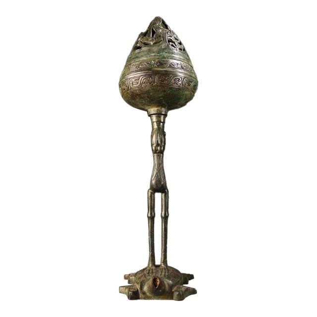 Vintage Bronze Boshan Incense Burner With Turtle & Crane — Han-Style Mountain Censer, 19.7 in Tall, Asian Antique Decor For Sale