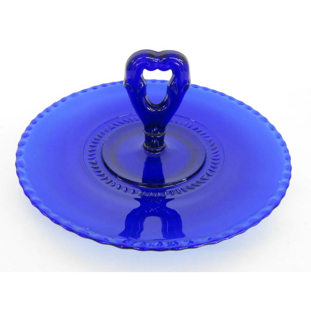 Mid 20th Century Cambridge Cobalt Blue Elegant Glass Keyhole Handle Sandwich Serving Plate 471b For Sale - Image 5 of 10