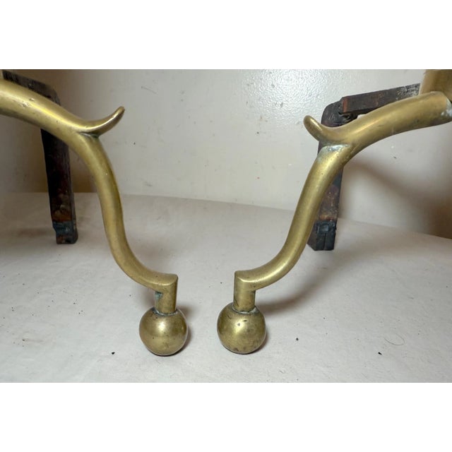 Brass Pair of Antique 1700's Peened Brass Wrought Iron Federal Double Lemon Andirons For Sale - Image 8 of 12