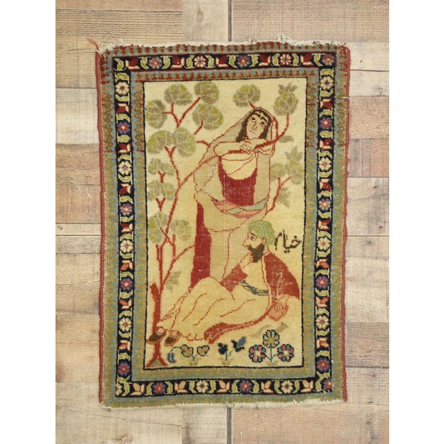 Tan Antique Persian Tabriz Pictorial Rug - 01'08 X 02'06 For Sale - Image 8 of 9