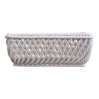 French Country White Ceramic Woven Rope Cachepot Basket For Sale