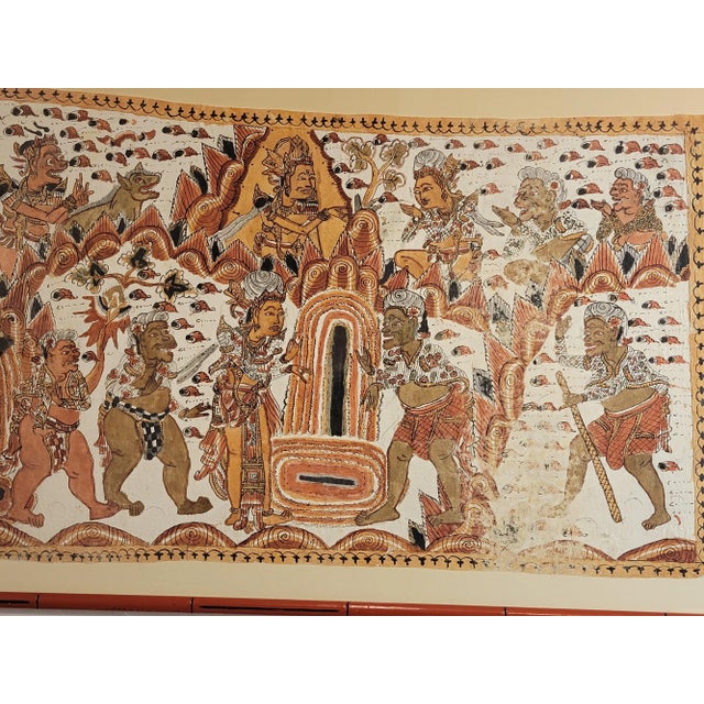 Mid-Century Modern Balinese Kamasan Cloth Painting of the Mahabharata, Framed Vintage Textile Art For Sale - Image 3 of 10