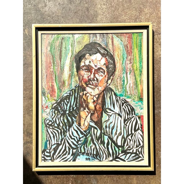 Forest Green Vintage Original Oil Portrait on Canvas For Sale - Image 8 of 12