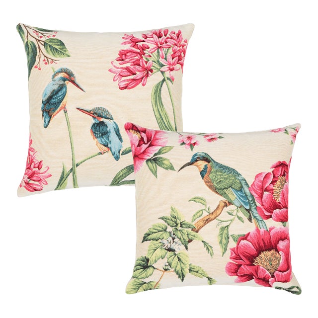 Pair of Kingfisher Tapestry Cushions With Feather Filler - 46x46cm For Sale