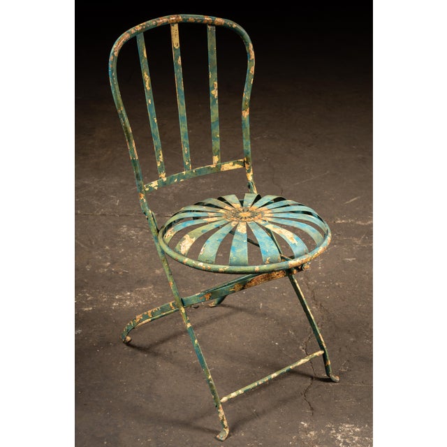 Pair of Vintage François Carré Wrought Iron "Sunburst" Folding Garden Chairs For Sale - Image 4 of 8
