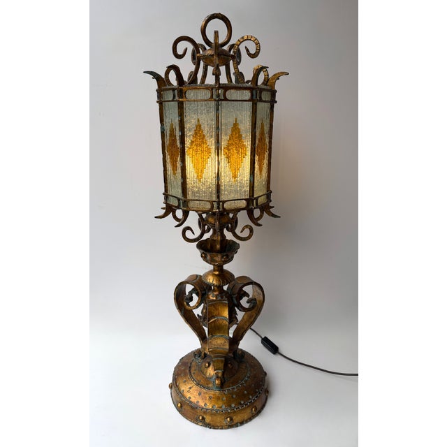 Large Hammered Glass Wrought Iron Lantern Lamp by Longobard, Italy, 1970s For Sale - Image 9 of 13
