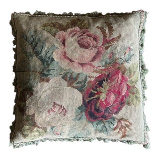Authentic 19th Century French Needlepoint Pillow, With Down Interior and Velvet Backing. For Sale