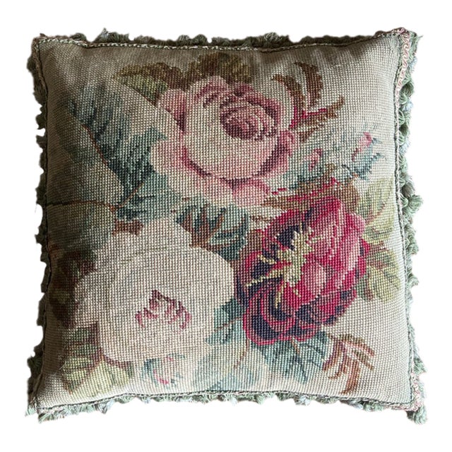 Authentic 19th Century French Needlepoint Pillow, With Down Interior and Velvet Backing. For Sale