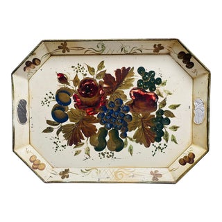 Vintage Hand Painted Still Life Fruits Roses Fall Colors Tray For Sale