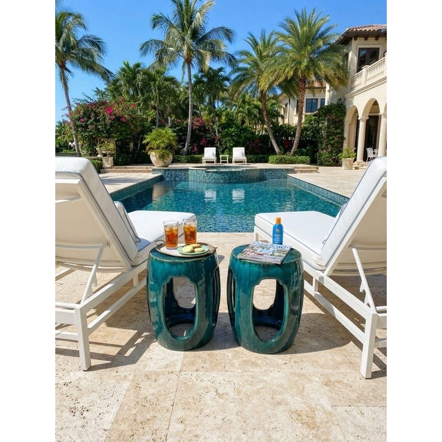 2000 - 2009 Vintage Italian Teal Ceramic Garden Stools, 2 Pieces For Sale - Image 5 of 12