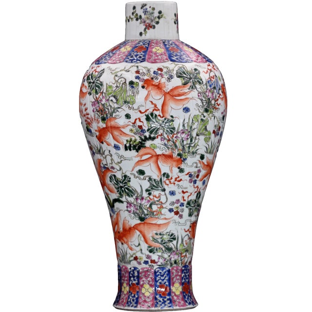 Large Antique Chinese Famille Rose Vase With Goldfish & Lotus – Lidded Temple Jar For Sale - Image 4 of 11
