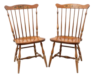 Pair of Vintage L. Hitchcock Maple Windsor Fan-Back Side Chairs, Hand-Stenciled, Circa 1970