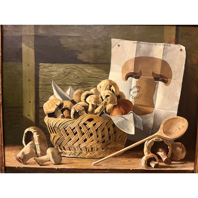 Textile James DeVries French Tromp l'Oeil Still Life Oil Painting on Canvas of Mushrooms - Palm Beach Galleries 1962 For Sale - Image 7 of 18