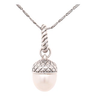 David Yurman Sterling Silver & Pearl Figural Acorn Pendant Enhancer For Sale